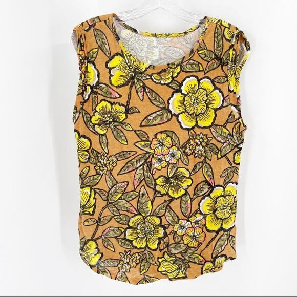 LOFT Linen Vibrant Floral Mustard Tee Women's Size Small - Picture 1 of 5
